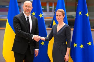 EU’s top diplomat Kaja Kallas, right, and Denys Shmyhal in Brussels on Wednesday